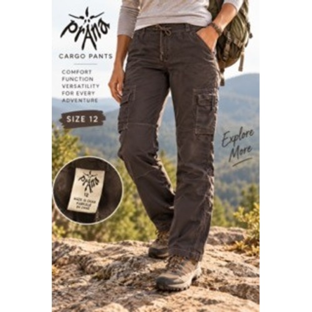 Prana Womens Size 12 Cargo Pants Dark Brown Hiking Outdoor Drawstring Utility